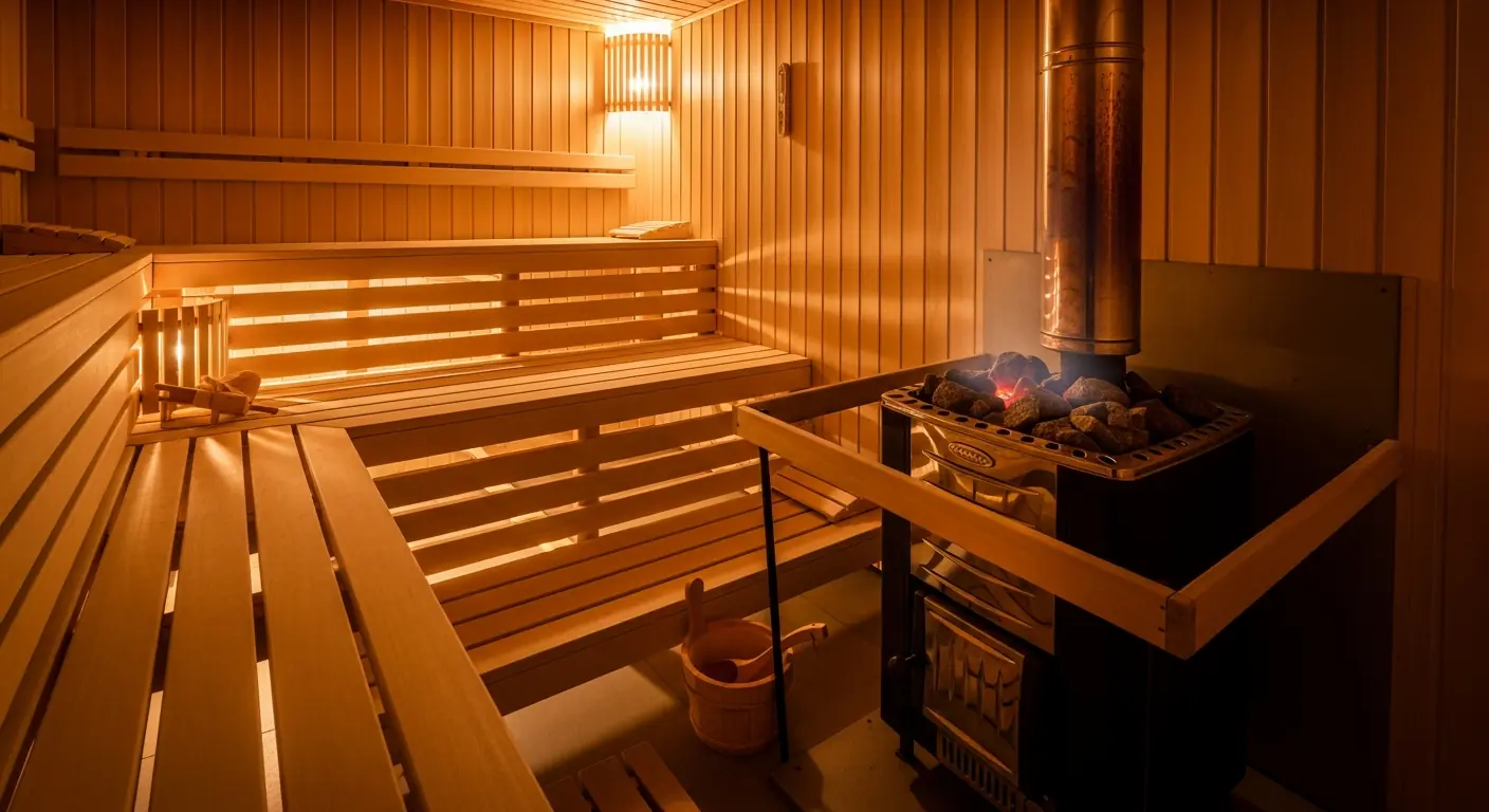 Holz-Saunaofen mit glühenden Steinen