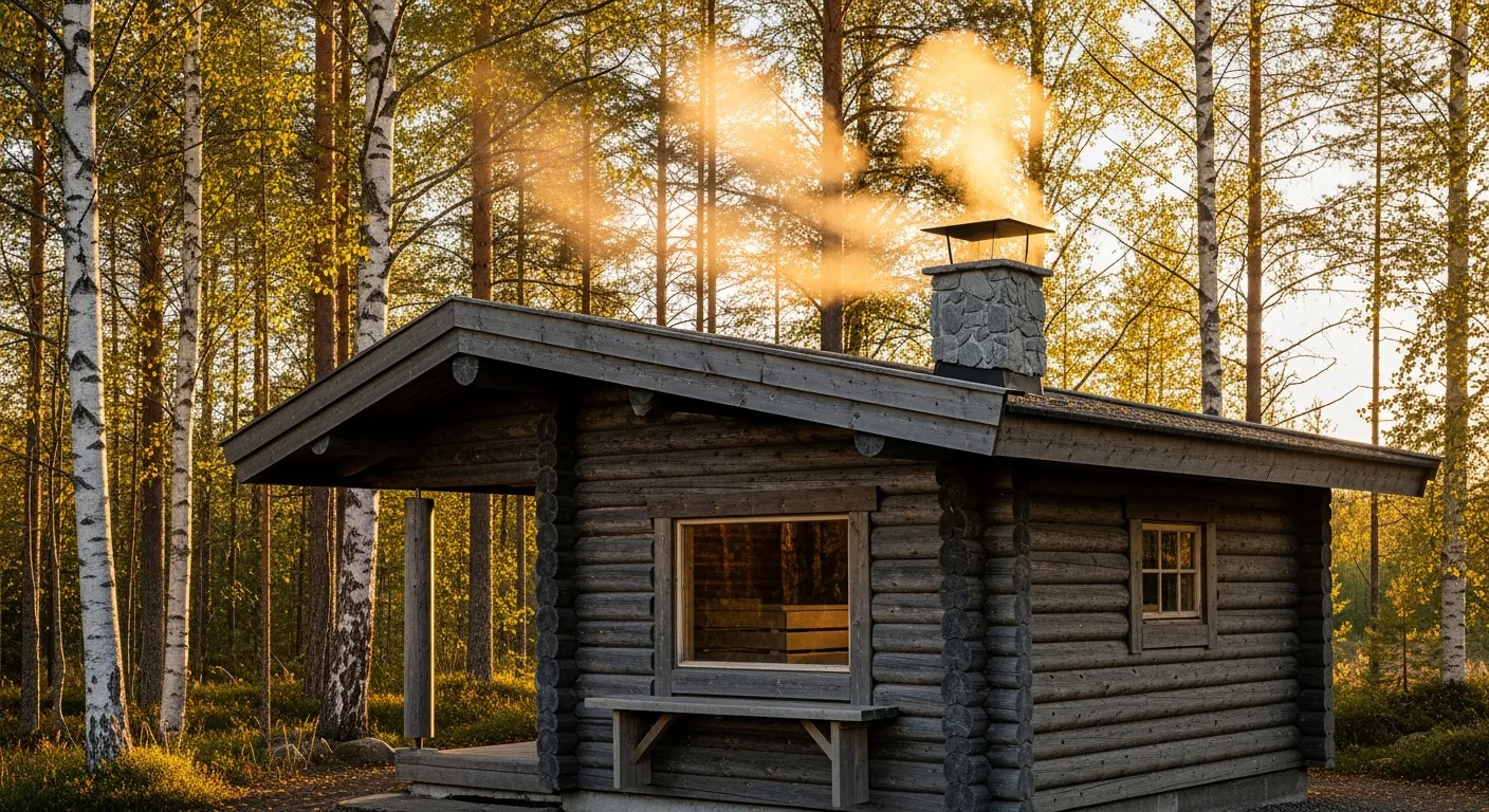 Traditionelle finnische Holzsauna in einer ruhigen Waldlichtung bei goldenem Abendlicht, umgeben von Birken mit sanft aufsteigendem Rauch aus dem Schornstein