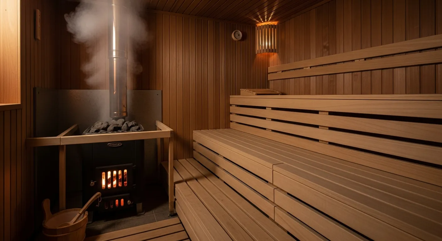 Innenansicht einer Holzsauna mit warmem Glühen des brennenden Holzfeuers im Ofen, aufsteigender Dampf von heißen Steinen, Holzbänke und Zedernwände in stimmungsvoller Beleuchtung