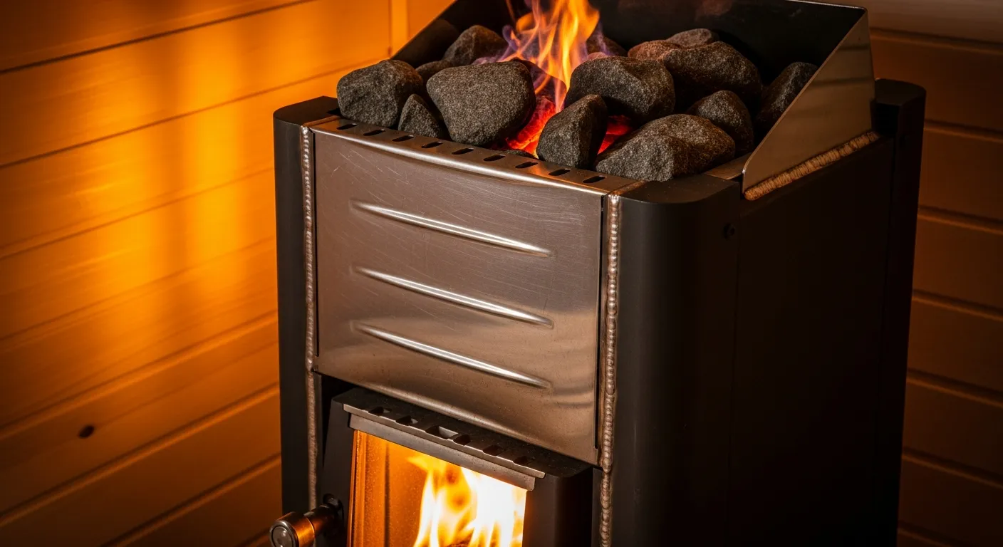 Hochwertiger holzbefeuerter Saunaofen aus dickem Stahl mit glühenden Steinen und sichtbarem Feuer durch die Glastür, warmes Licht auf Holzwänden