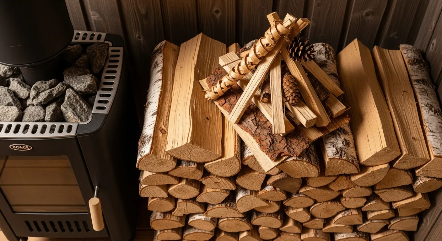 Ordentlich gestapeltes Birkenbrennholz neben einer Saunaofen-Tür, Anzündholz und Feueranzünder in Top-Down-Anordnung bereit zum Anfeuern