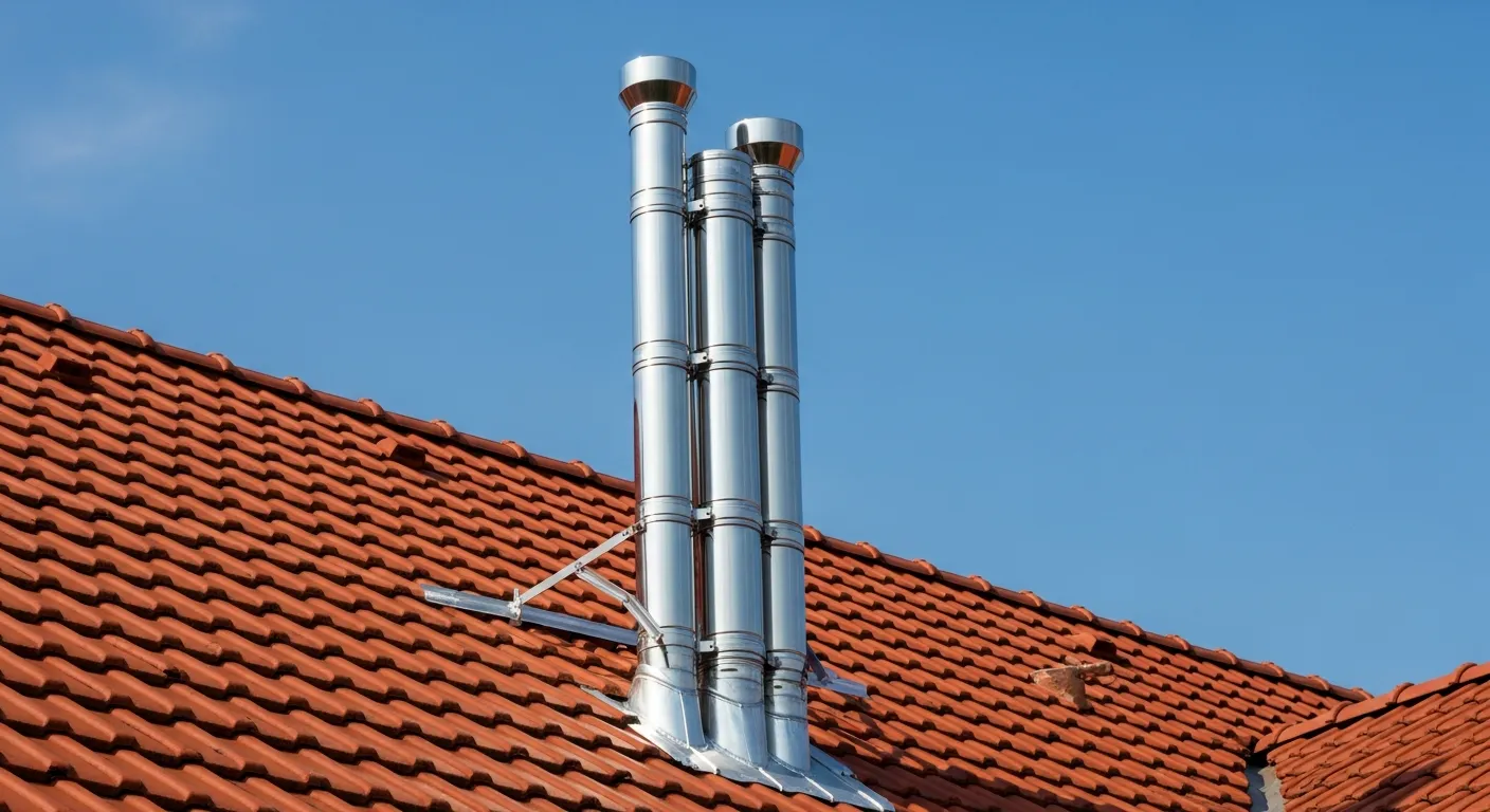 Edelstahl-Schornsteinanlage auf einem modernen Hausdach mit roten Dachziegeln, professionelle Installation bei klarem Himmel