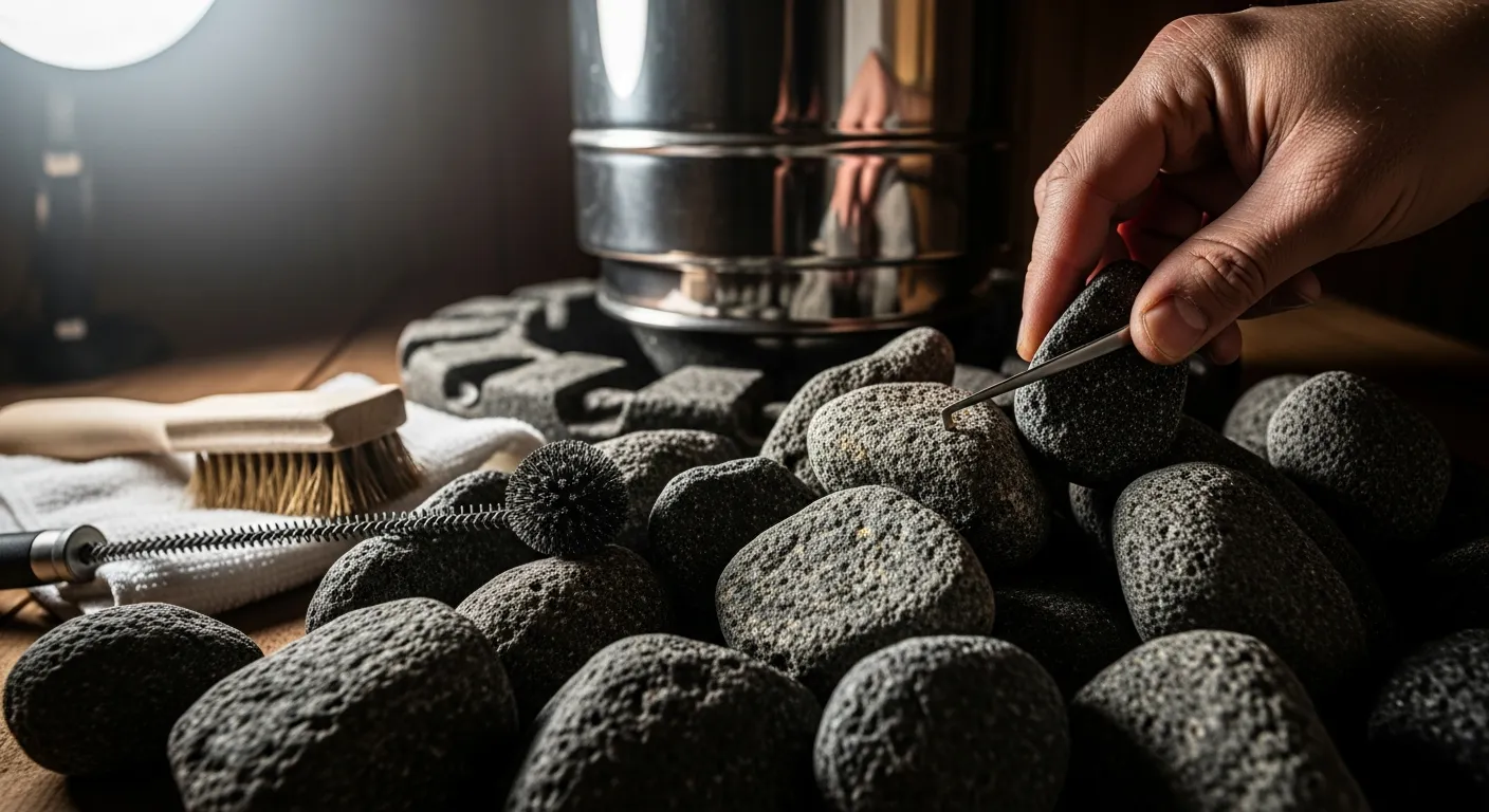 Saunasteine werden inspiziert und gereinigt, Edelstahl-Schornsteinrohr im Hintergrund, Reinigungsbürste und Tuch bereitgelegt für die Saunaofen-Wartung