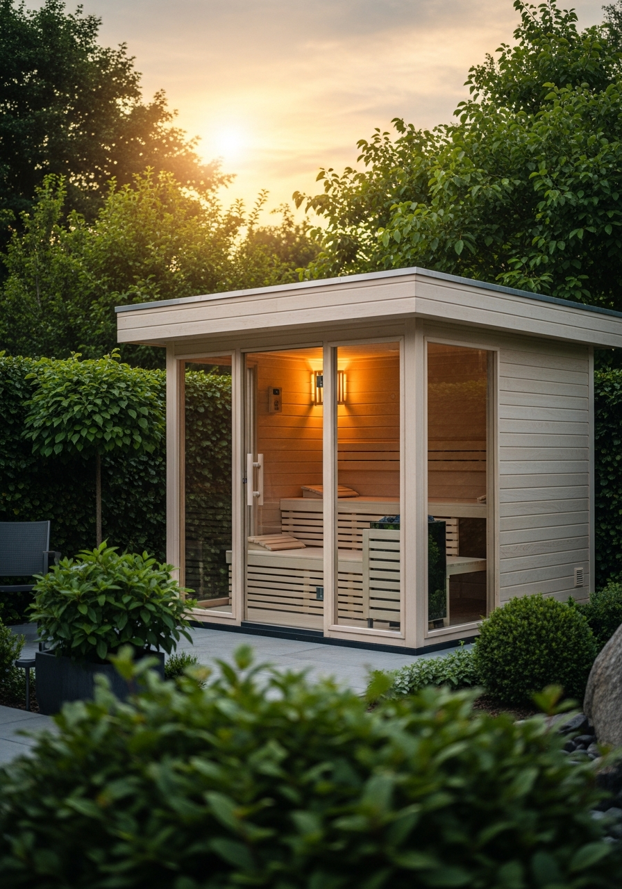 Außensauna im Hintergrund