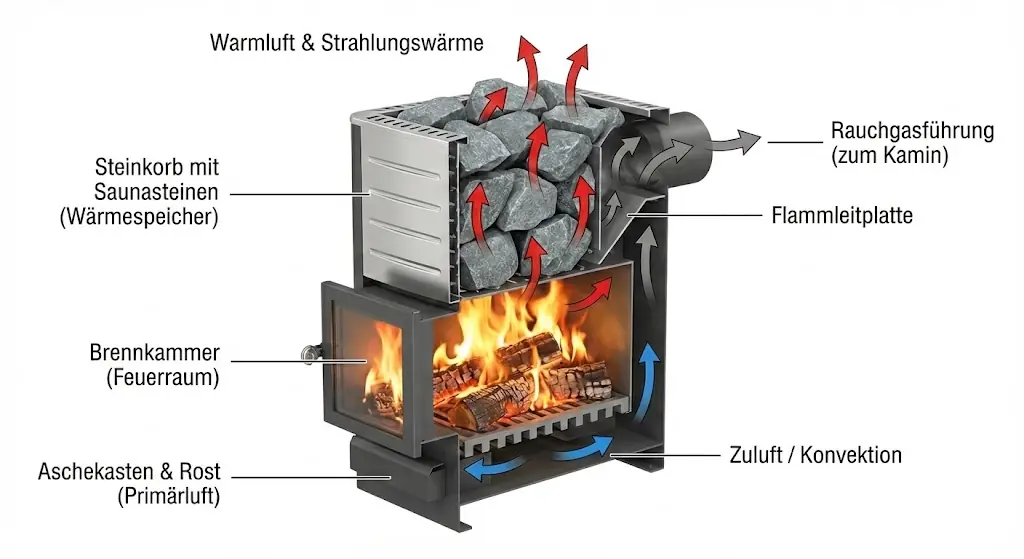 Schnittdarstellung eines Holz-Saunaofens mit Beschriftung aller wichtigen Bauteile: Warmluft, Steinkorb, Rauchgasführung, Flammleitplatte, Brennkammer, Zuluft und Aschekasten